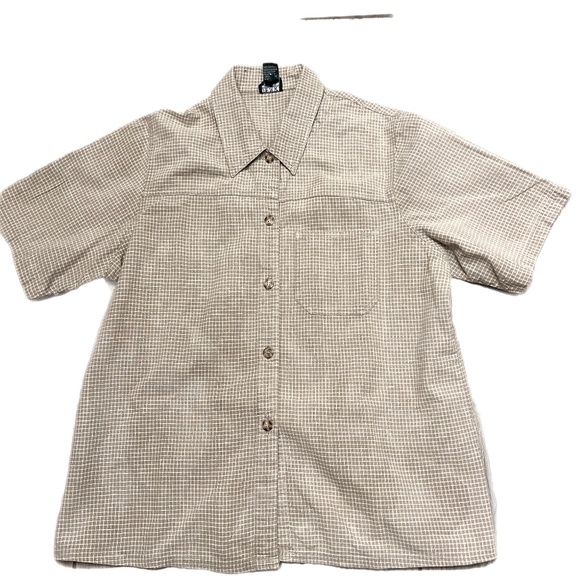 Genre Sport Womens Beige/White Plaid Linen Blend Collared Button Up Blouse SZ 16 - Picture 1 of 4